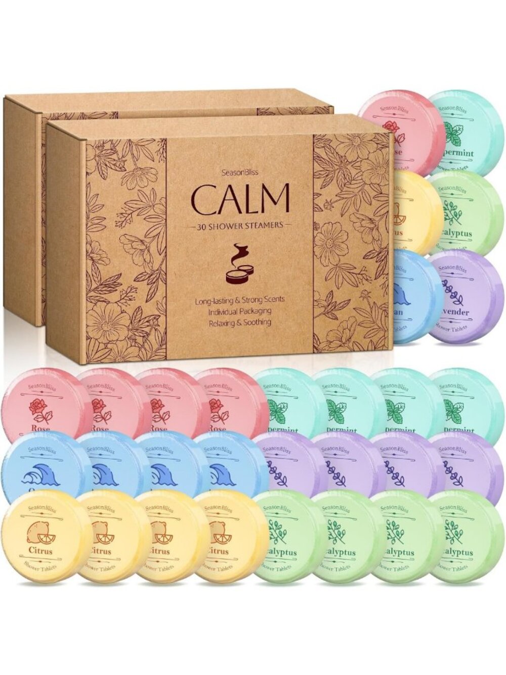 60 Shower Steamers - 6 Scents, Aromatherapy Shower Bombs for Relaxation